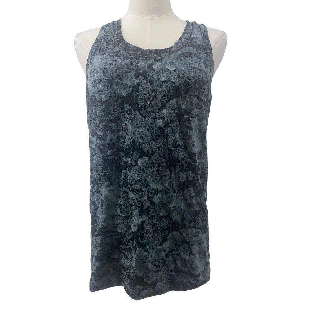 Athleta MEDIUM Momentum Stretch Floral Tank Top Racerback Teal Seamless